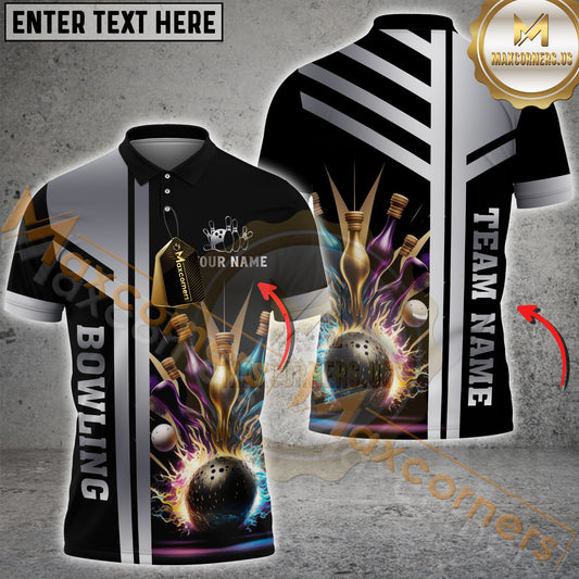 Maxcorner Bowling Ball & Pins Premium Multicolor Option Customized Name 3D Shirt (4 Colors)