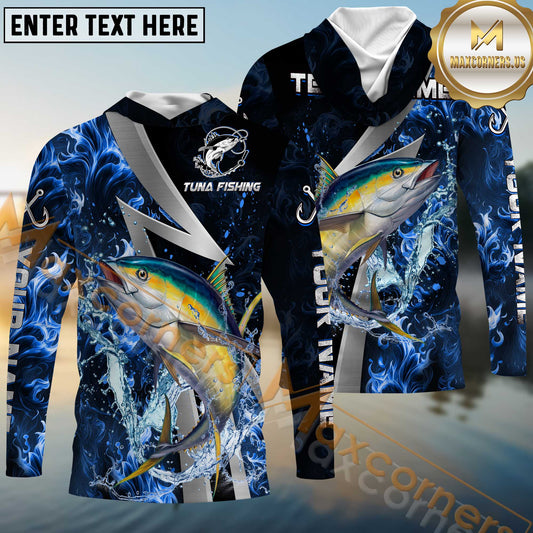 Maxcorners Tuna Fishing Blue Fire Splash Personalized Name, Team Name Long Sleeve Shirt