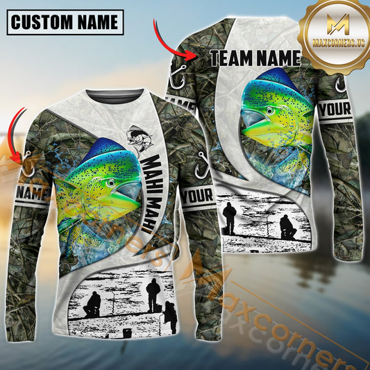 Maxcorners Mahi-Mahi Fishing Camo Forest Scene Personalized Name, Team Name Long Sleeve Shirt