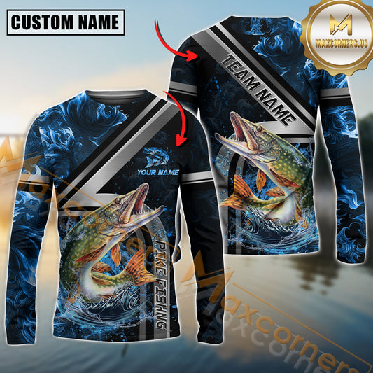 Maxcorners Fishing Ocean Wave Power Personalized Name, Team Name Long Sleeve Shirt (8 Fish Species)