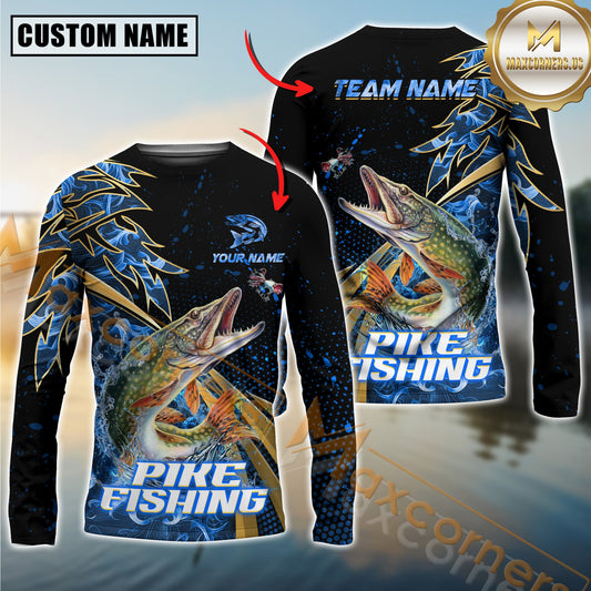 Maxcorners Fishing Hooked Jump Splash Personalized Name, Team Name Long Sleeve Shirt (8 Fish Species)
