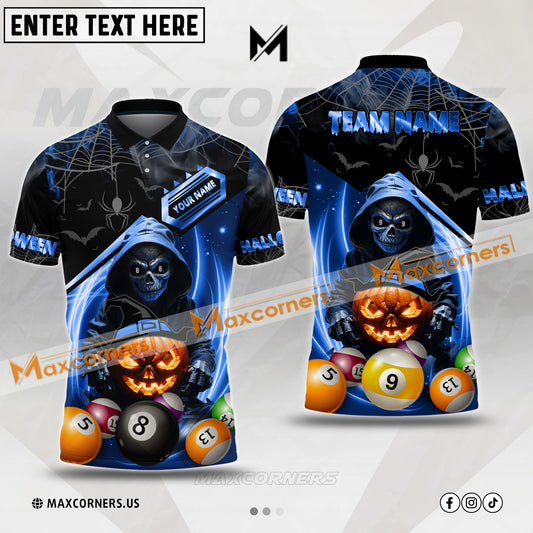 Maxcorners Billiards 8 Ball Skull Halloween Pattern Luxury Multicolor Options Personalized Name, Team Name 3D Polo Shirt (4 Colors)