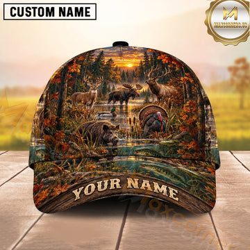Maxcorners Hunting Woodland Wildlife Autumn Creek Sunset Personalized Name 3D Cap