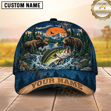 Maxcorners Hunting Largemouth Bass Navy Gold Wilderness Scene Personalized Name 3D Cap