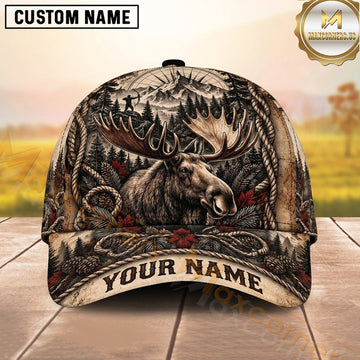 Maxcorners Hunting Bull Moose Rustic Antler Woodland Collage Personalized Name 3D Cap