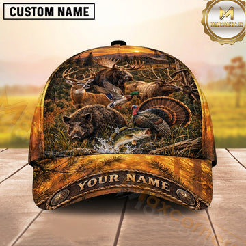 Maxcorners Hunting Woodland Wildlife Bronze Collage Ornate Border Personalized Name 3D Cap