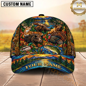 Maxcorners Hunting Woodland Wildlife Multicolor Stained Glass Collage Personalized Name 3D Cap