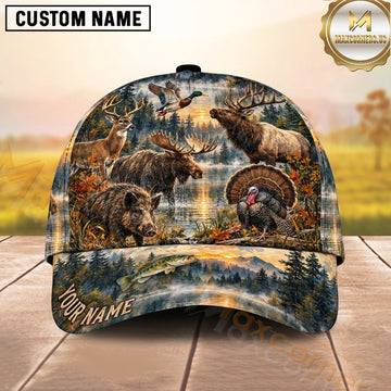 Maxcorners Hunting Forest Wildlife Rocky Waterfall Collage Personalized Name 3D Cap