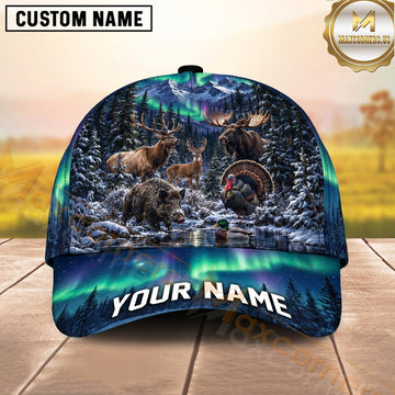 Maxcorners Hunting Forest Wildlife Aurora Snowy Wilderness Personalized Name 3D Cap
