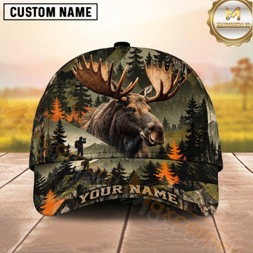 Maxcorners Hunting Bull Moose Orange Pine Silhouette Personalized Name 3D Cap