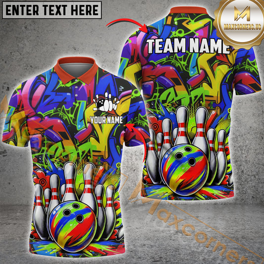 Maxcorner Bowling Ball & Pins Graffiti Street Style Multicolor Option Customized Name 3D Shirt (4 Colors)