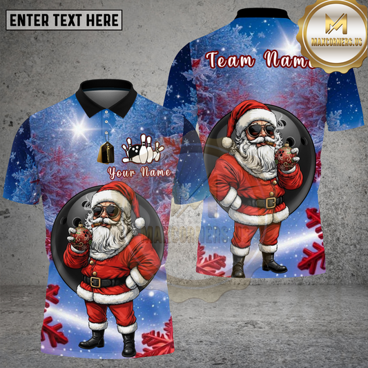 Maxcorners Bowling Shirt Santa Claus Bowling Winter Snowflake Multi Options Personalized Name, Team Name 3D Shirt
