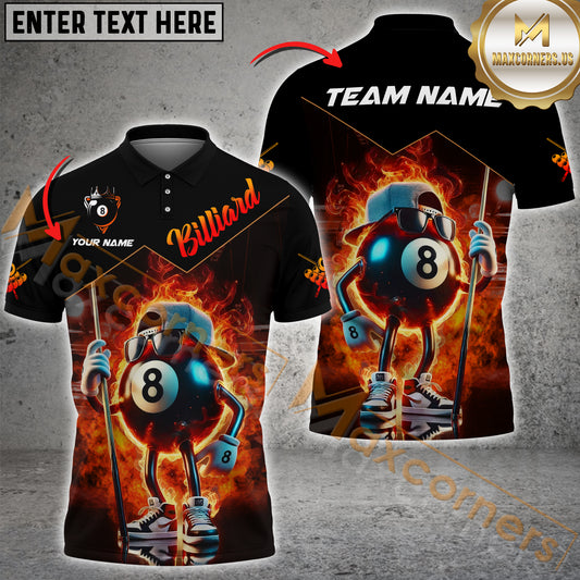Maxcorners Funny Billiard Fire 8 Ball Multicolor Options Personalized Name, Team Name 3D Polo Shirt (4 Colors)