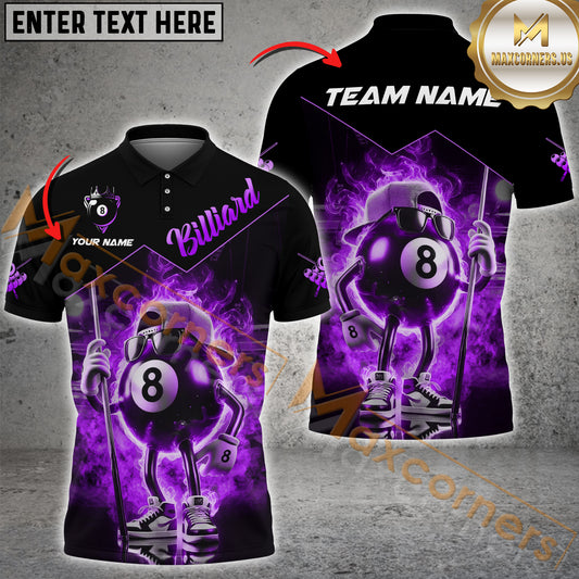 Maxcorners Funny Billiard Fire 8 Ball Multicolor Options Personalized Name, Team Name 3D Polo Shirt (4 Colors)