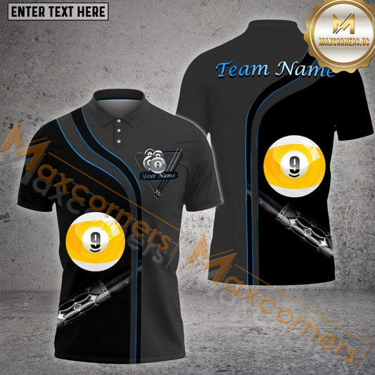 Maxcorners Black Billiards 9 Ball Fantasy Pattern Multicolor Options Personalized Name, Team Name 3D Polo Shirt (4 Colors)
