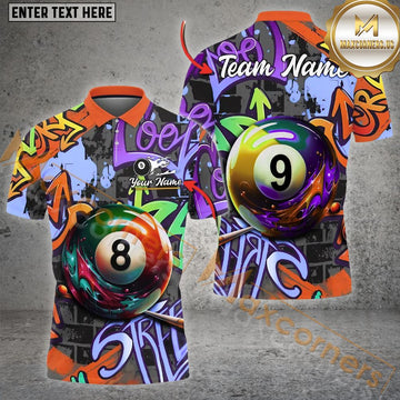 Maxcorners Billiards Ball 8 & Ball 9 Graffiti Street Personalized Name, Team Name Unisex Shirt ( 4 Colors )
