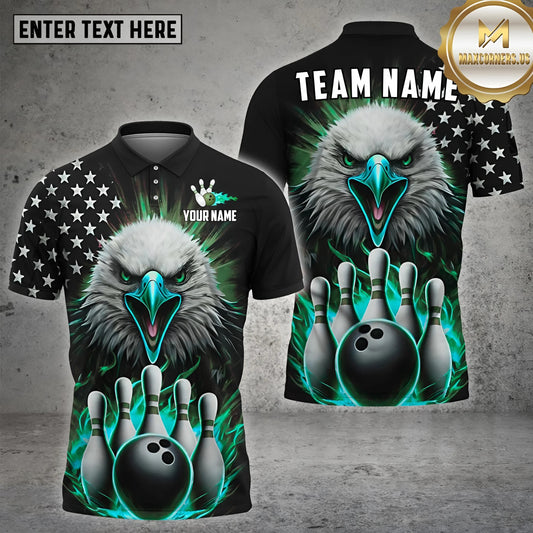Maxcorners Fire Bowling & Pins Eagle USA Flag Pattern Multicolor Option Customized Name, Team Name 3D Polo Shirt (4 Colors)