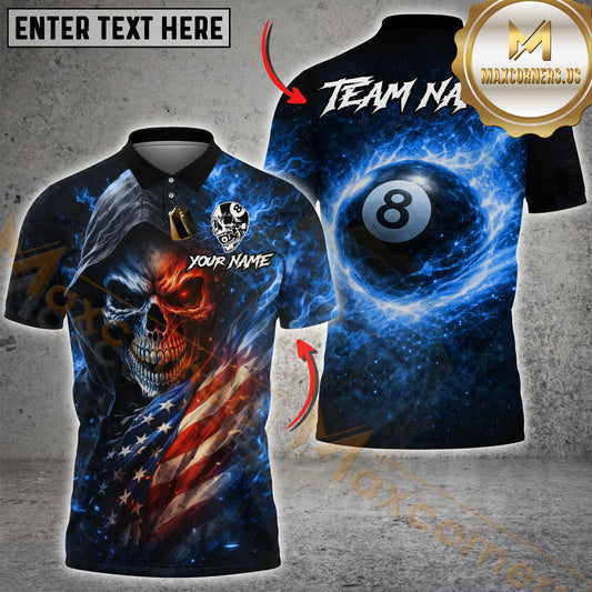 Maxcorners Billiards Shirt Flaming Skull with Fire 8 Ball Back Design Multicolor Options Personalized Name, Team Name 3D Shirt (4 Colors)
