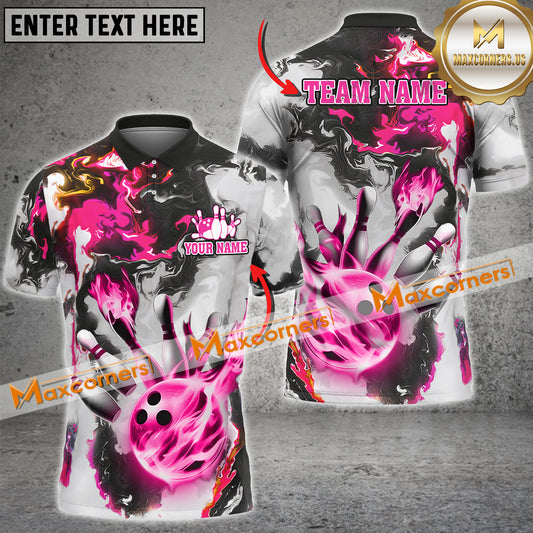 Maxcorners Flame  Bowling & Pins Multicolor Option Customized Name, Team Name 3D Polo Shirt (4 Colors)