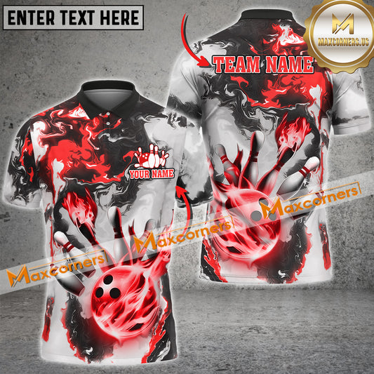 Maxcorners Flame  Bowling & Pins Multicolor Option Customized Name, Team Name 3D Polo Shirt (4 Colors)