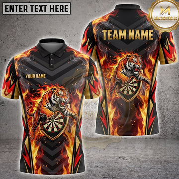 Maxcorners Darts Fire Flame Pouncing Tiger Shield Dartboard Multi Options Personalized Name, Team Name Unisex 3D Shirt (4 Colors)
