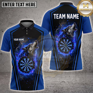 Maxcorners Darts Howling Lone Wolf Blue Flame Glowing Dartboard Aura Multi Options Personalized Name, Team Name Unisex 3D Shirt (4 Colors)