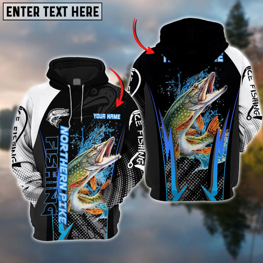Maxcorners Northern PikeFishing Blue Line Black Pattern Pro Sport Jersey Personalized Name And Team Name Ice Fishing Hoodie Shirt