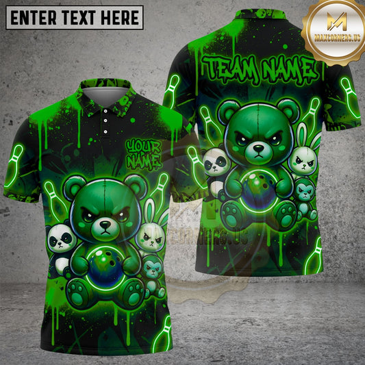 Maxcorners Bowling Shirt Angry Bear & Bunny Neon Design Multi Options Personalized Name, Team Name Unisex 3D Shirt (4 Colors)