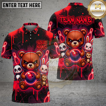 Maxcorners Bowling Shirt Angry Bear & Bunny Neon Design Multi Options Personalized Name, Team Name Unisex 3D Shirt (4 Colors)