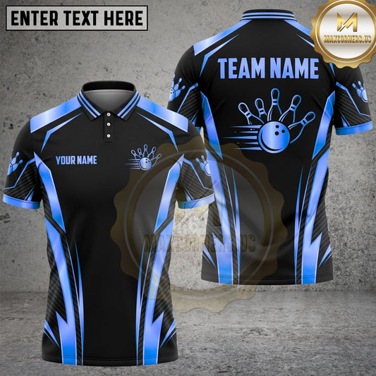 Maxcorners Bowling Shirt Dynamic Strike Ball Graphic Geometric Blue Accents Multi Options Personalized Name, Team Name Unisex 3D Shirt (4 Colors)