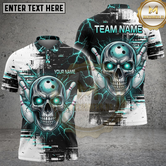 Maxcorners Bowling Shirt Skull Bowling Ball Electric Lightning Graphic Multi Options Personalized Name, Team Name Unisex 3D Shirt (4 Colors)