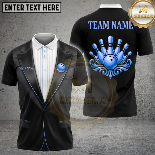 Maxcorners Bowling Polo Shirt Elegant Tuxedo Design with Blue Accent and Ornamental Bowling Emblem Multi Options Personalized Name, Team Name Unisex 3D Shirt (4 Colors)