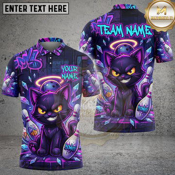 Maxcorners Bowling Cat Polo Shirt Fierce Black Cat with Halo Bowling Ball Design Multi Options Personalized Name, Team Name Unisex 3D Shirt (4 Colors)