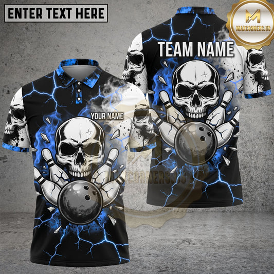 Maxcorners Bowling Skull Striker Lightning Storm Broken Pin Design Personalized Name Team Name Competitive League Style Unisex 3D Shirt (4 Colors)