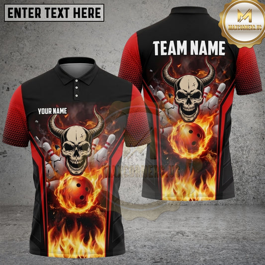 Maxcorners Bowling Skull Horns Green Flame Fiery Ball Striking Pins Personalized Name Team Name Bold Athletic Style Competitive League Unisex 3D Shirt (4 Colors)
