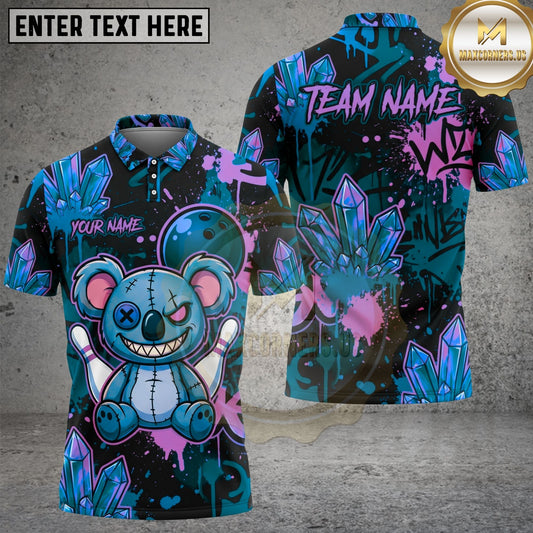 Maxcorners Bowling Koala Crystal Bear Graffiti Splatter Neon Crystal Theme Personalized Name Team Name Cute Striking Pins Modern League Style Unisex 3D Shirt (4 Colors)