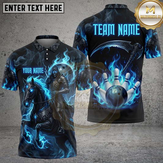 Maxcorners Bowling Grim Reaper Horse & Flaming Bowling Ball Design, Dark Gothic Blue Fire Artwork, Spooky Warrior Theme, Personalized Name Team Name, Striking Fantasy Graphics, Unisex 3D Shirt (4 Colors)