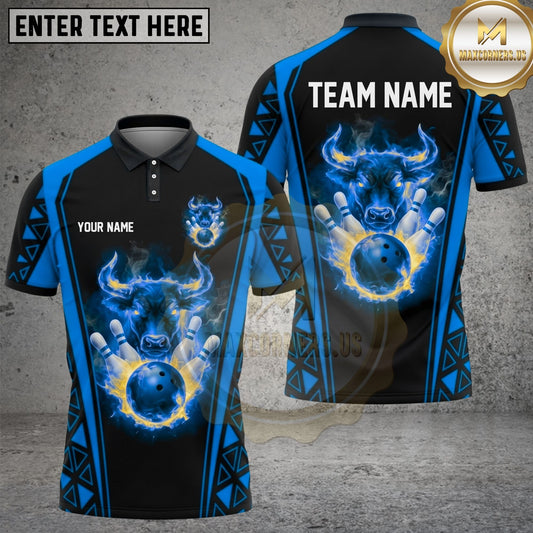 Maxcorners Bowling Bull Lightning Strike Design Fiery Bowling Ball & Pins Personalized Name & Team Edition Multi Options Personalized Name, Team Name Unisex 3D Shirt (4 Colors)