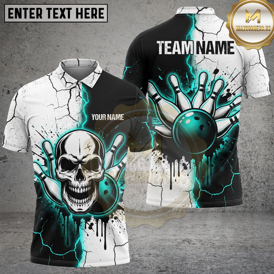 Maxcorners Bowling Skull Lightning Design Cyan Energy Gothic Sports Theme, Personalized Name & Team Name Unisex 3D Shirt (4 Colors)