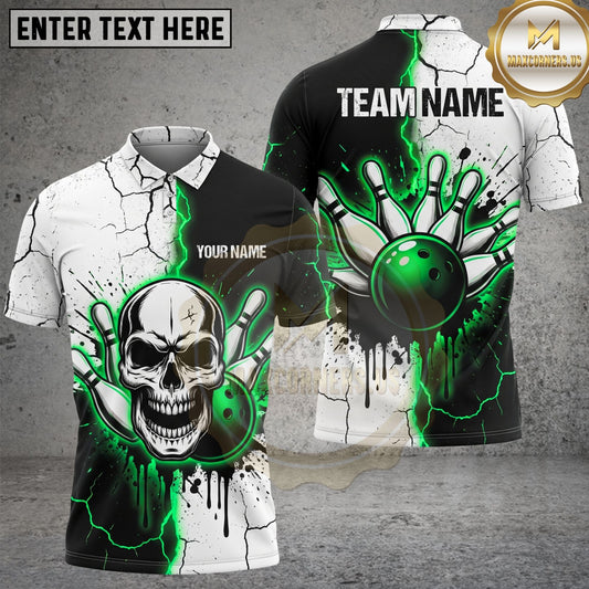 Maxcorners Bowling Skull Lightning Design Cyan Energy Gothic Sports Theme, Personalized Name & Team Name Unisex 3D Shirt (4 Colors)