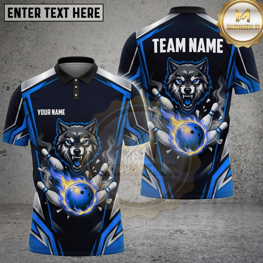 Maxcorners Bowling Fierce Angry Wolf Flaming Fire Bowling Ball Pins Multi Options Personalized Name, Team Name Unisex 3D Shirt (4 Colors)