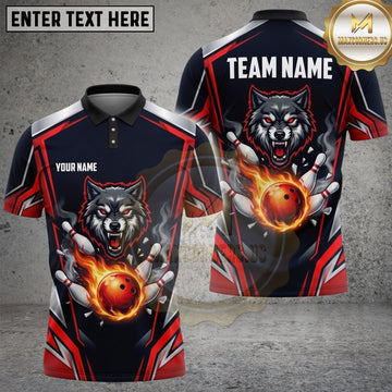 Maxcorners Bowling Fierce Angry Wolf Flaming Fire Bowling Ball Pins Multi Options Personalized Name, Team Name Unisex 3D Shirt (4 Colors)