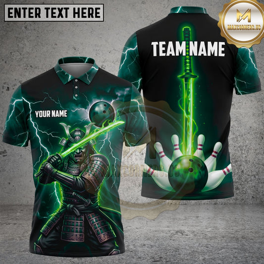 Maxcorners Bowling Japanese Samurai Katana Sword Lightning Bowling Ball Pins Multi Options Personalized Name, Team Name Unisex 3D Shirt (4 Colors)