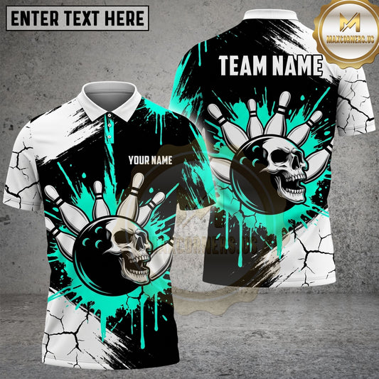 Maxcorners Bowling Skull Splatter Paint Cracked Pattern Bowling Ball Pins Multi Options Personalized Name, Team Name Unisex 3D Shirt (4 Colors)