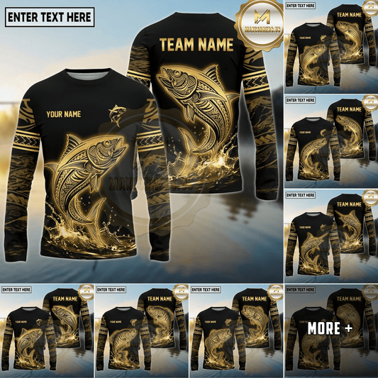 Maxcorners Fishing Black Gold Tribal Water Splash Design Custom Name & Team Name 3D Shirts (13 Breeds)