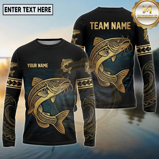 Maxcorners Fishing Black Teal Gold Tribal Ocean Design Custom Name & Team Name 3D Shirts (13 Breeds)