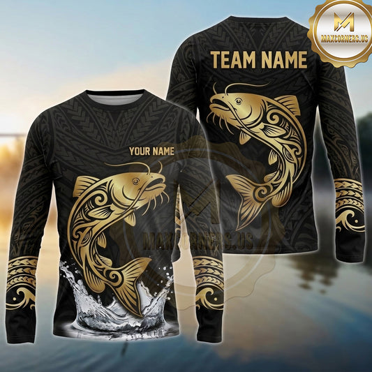 Maxcorners Fishing Black Gold Tribal Wave Design Custom Name & Team Name 3D Shirts (13 Breeds)