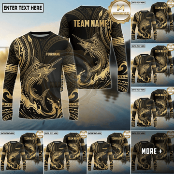 Maxcorners Fishing Black Gold Tribal Wave Design Custom Name & Team Name 3D Shirts Ver 2 (13 Breeds)