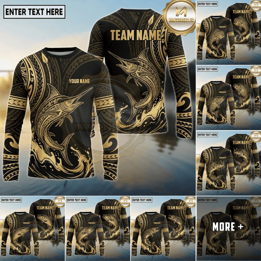 Maxcorners Fishing Black Gold Tribal Wave Design Custom Name & Team Name 3D Shirts Ver 2 (13 Breeds)
