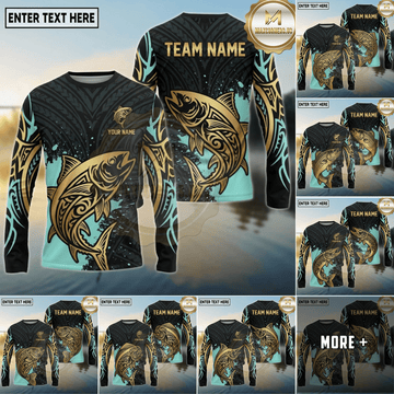 Maxcorners Fishing Black Gold Tribal Polynesian Design Custom Name & Team Name 3D Shirts (13 Breeds)